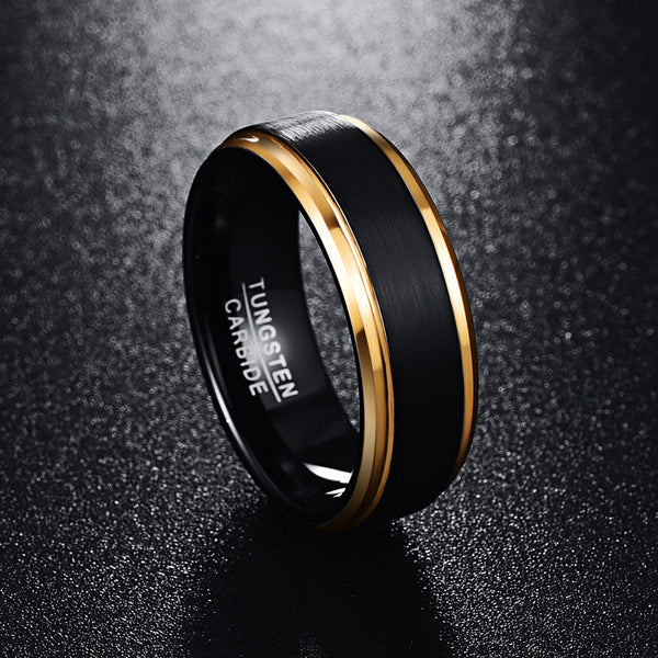 Men's 8mm Black Inner Gold Bevel Color Tungsten Carbide Ring