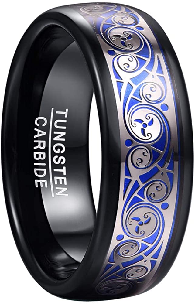 Men's 8mm Inlaid Blue Triple Spiral Pattern Black Tungsten Carbide Ring