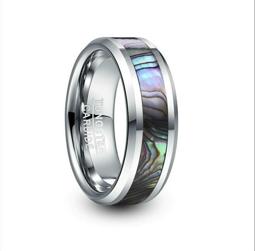 Men's 8mm Inlaid Abalone Shell Polished Silver Tungsten Carbide Ring