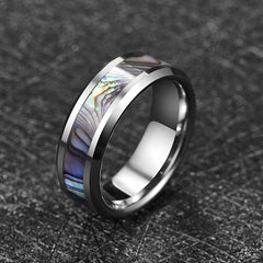 Men's 8mm Inlaid Abalone Shell Polished Silver Tungsten Carbide Ring