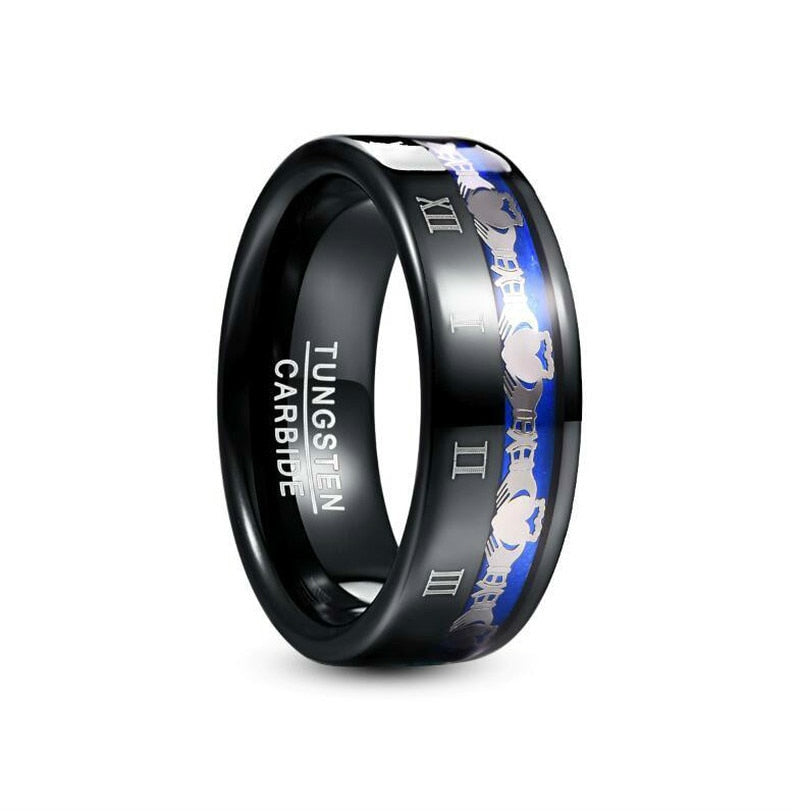 Men's 8mm Engraved Roman Numeral Black Tungsten Carbide Ring