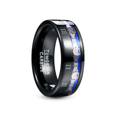 Men's 8mm Engraved Roman Numeral Black Tungsten Carbide Ring