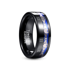 Men's 8mm Engraved Roman Numeral Black Tungsten Carbide Ring