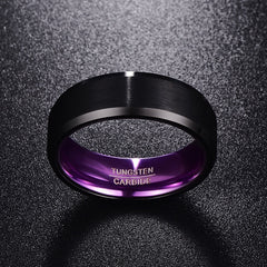 Men's 8mm Purple Inner Flat Bevel Edge Black Tungsten Carbide Ring