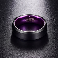 Men's 8mm Purple Inner Flat Bevel Edge Black Tungsten Carbide Ring