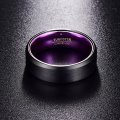 Men's 8mm Purple Inner Flat Bevel Edge Black Tungsten Carbide Ring