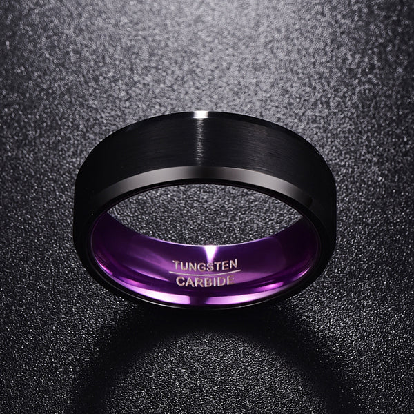 Men's 8mm Purple Inner Flat Bevel Edge Black Tungsten Carbide Ring