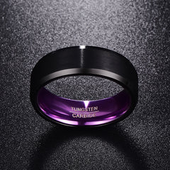 Men's 8mm Purple Inner Flat Bevel Edge Black Tungsten Carbide Ring