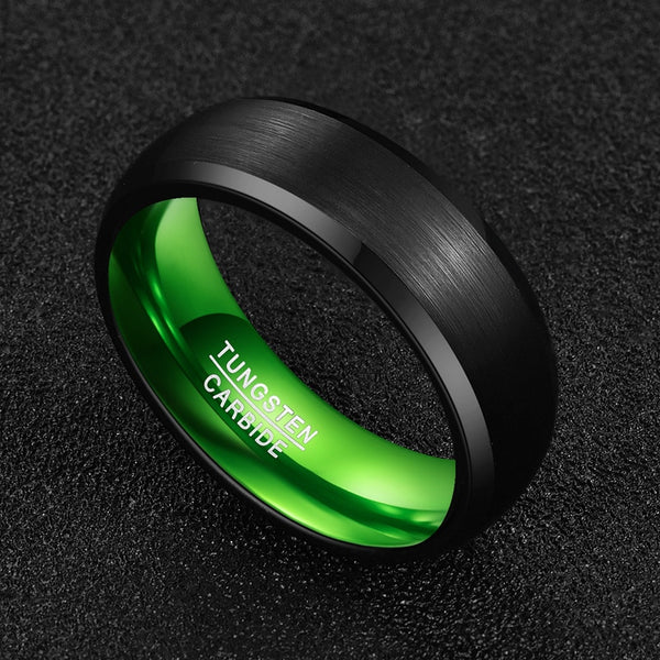 Men's 8mm Green Inner Bevel Edge Black Tungsten Carbide Ring