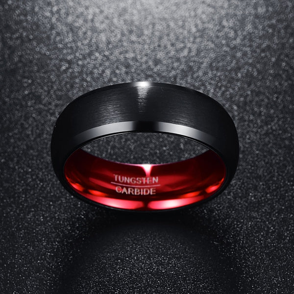 Men's 8mm Red Inner Rounded Bevel Edge Black Tungsten Carbide Ring