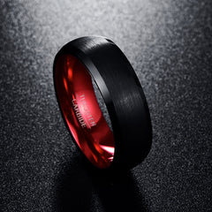 Men's 8mm Red Inner Rounded Bevel Edge Black Tungsten Carbide Ring