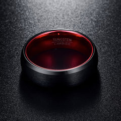 Men's 8mm Red Inner Rounded Bevel Edge Black Tungsten Carbide Ring