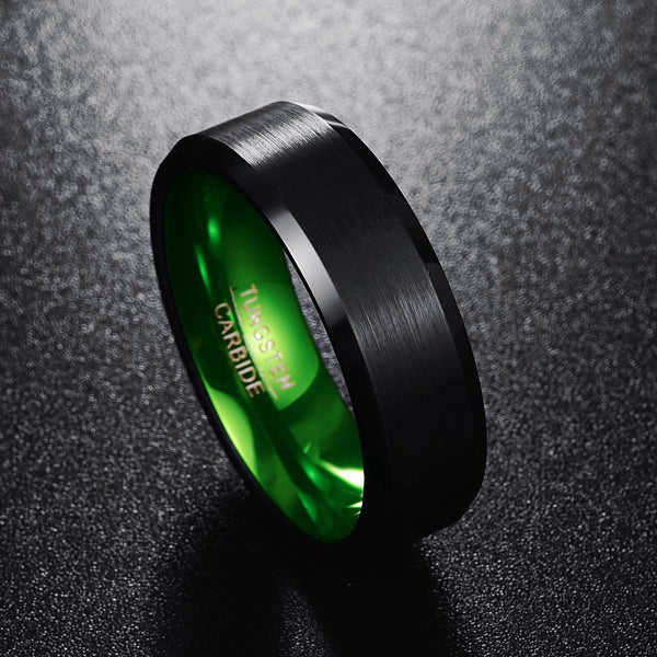 Men's 8mm Green Inner Bevel Edge Black Tungsten Carbide Ring
