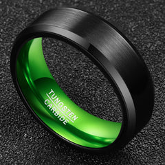 Men's 8mm Green Inner Bevel Edge Black Tungsten Carbide Ring