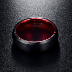 Men's 8mm Red Inner Rounded Bevel Edge Black Tungsten Carbide Ring