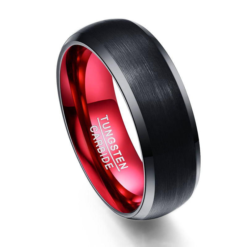 Men's 8mm Red Inner Rounded Bevel Edge Black Tungsten Carbide Ring