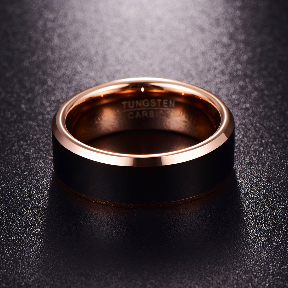 Men's 8mm Gun Metal and Rose Gold Bevel Inner Tungsten Carbide Ring