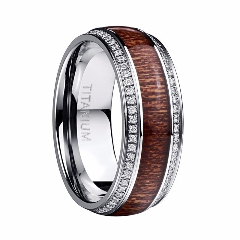 Men's 8mm Wood Grain Inlay CZ Bevel Tungsten Carbide Ring