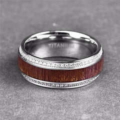 Men's 8mm Wood Grain Inlay CZ Bevel Tungsten Carbide Ring