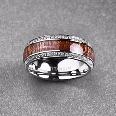 Men's 8mm Wood Grain Inlay CZ Bevel Tungsten Carbide Ring