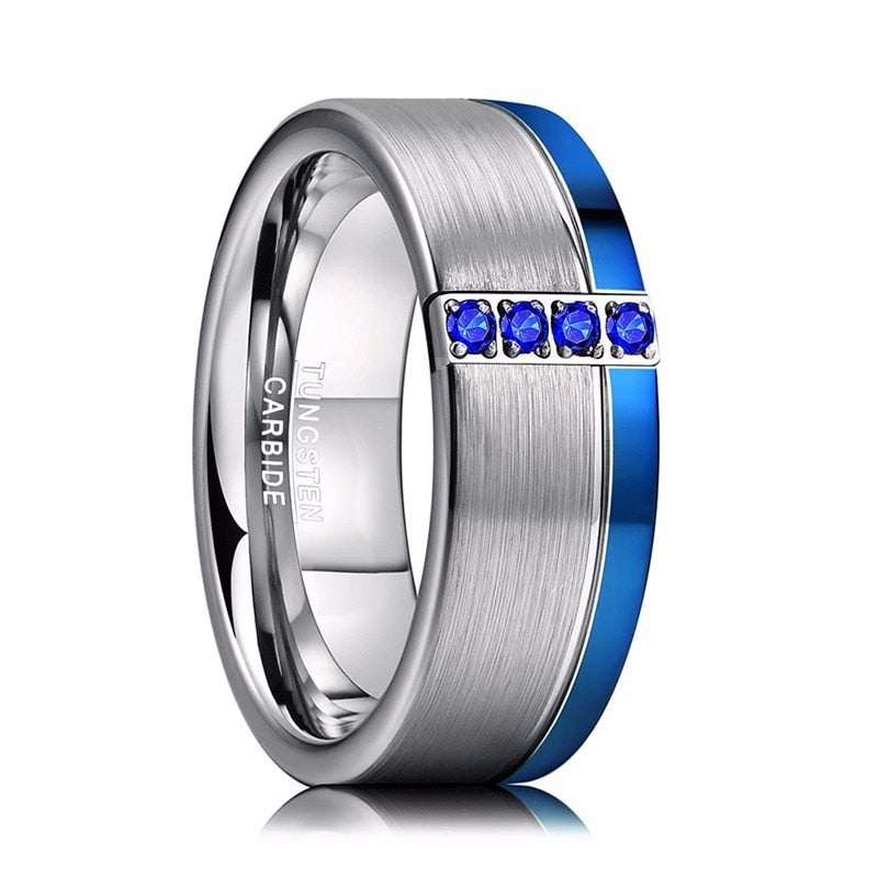 Men's 8mm Blue CZ Brushed Silver and Single Blue Bevel Tungsten Carbide Ring