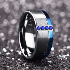Men's 8mm Blue CZ Brushed Silver and Single Blue Bevel Tungsten Carbide Ring