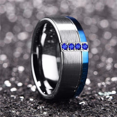 Men's 8mm Blue CZ Brushed Silver and Single Blue Bevel Tungsten Carbide Ring