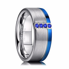 Men's 8mm Blue CZ Brushed Silver and Single Blue Bevel Tungsten Carbide Ring