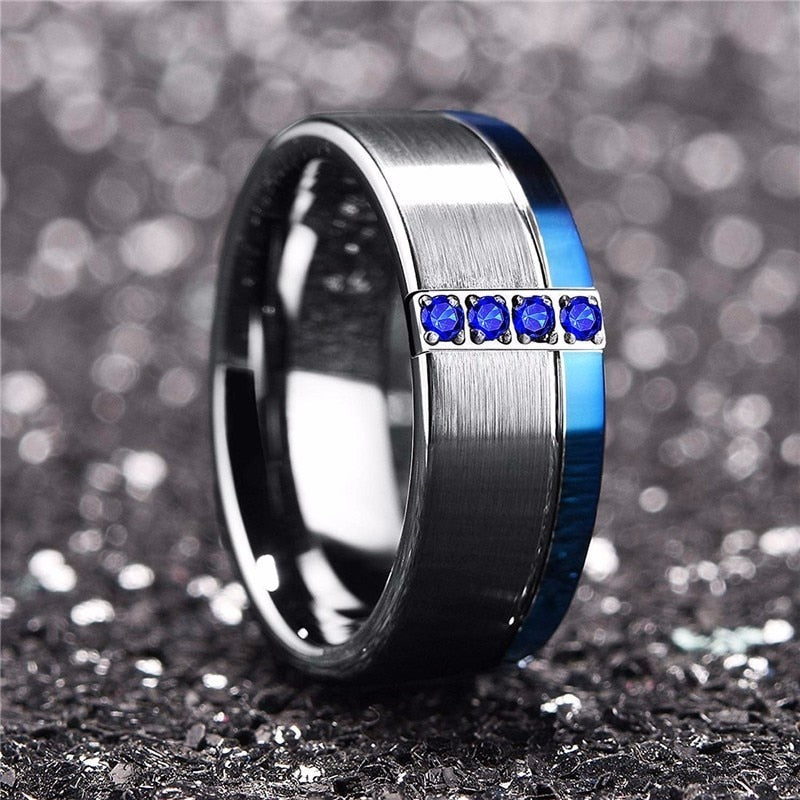 Men's 8mm Blue CZ Brushed Silver and Single Blue Bevel Tungsten Carbide Ring