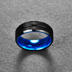 Men's 8mm Matte Black and Sky Blue Inner Tungsten Carbide Ring