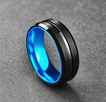 Men's 8mm Matte Black and Sky Blue Inner Tungsten Carbide Ring