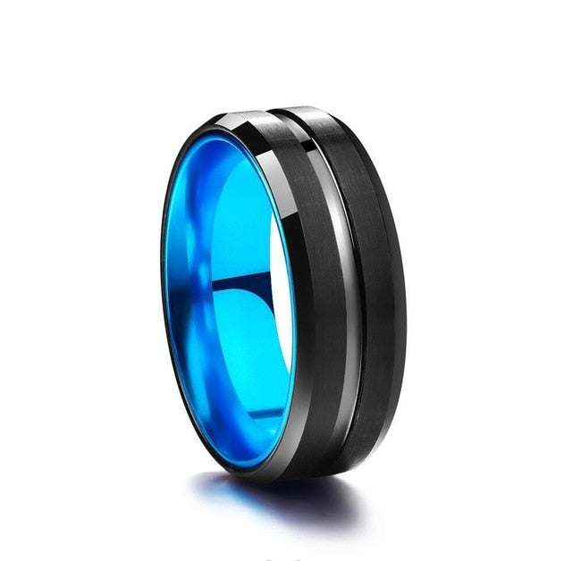 Men's 8mm Matte Black and Sky Blue Inner Tungsten Carbide Ring