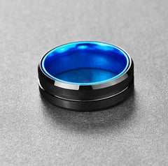 Men's 8mm Matte Black and Sky Blue Inner Tungsten Carbide Ring