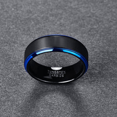 Men's 8mm Blue Edge Brushed Black Tungsten Carbide Ring