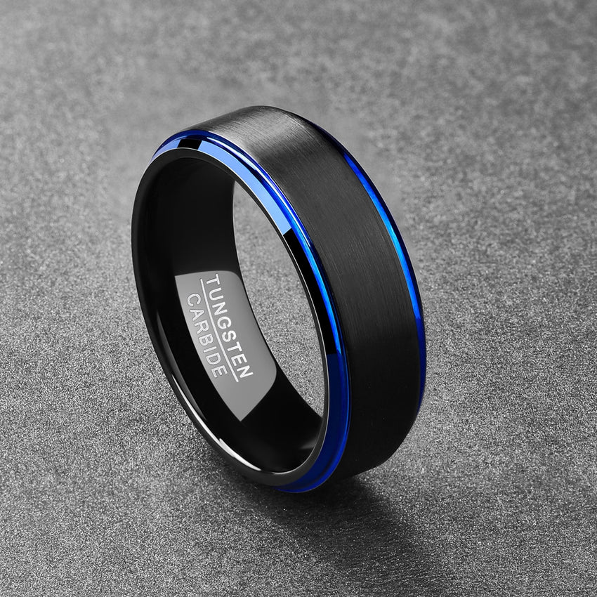 Men's 8mm Blue Edge Brushed Black Tungsten Carbide Ring