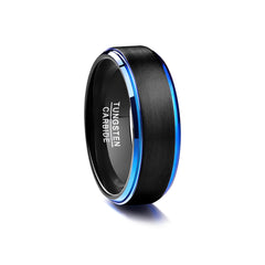 Men's 8mm Blue Edge Brushed Black Tungsten Carbide Ring