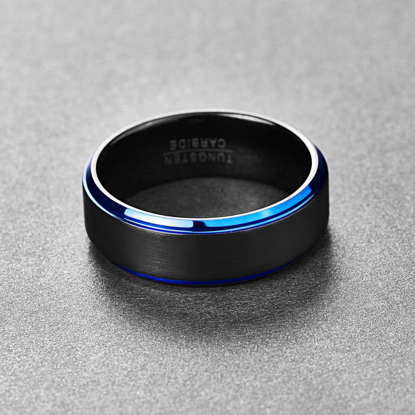 Men's 8mm Blue Edge Brushed Black Tungsten Carbide Ring