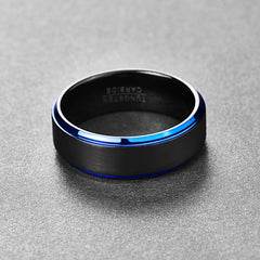Men's 8mm Blue Edge Brushed Black Tungsten Carbide Ring