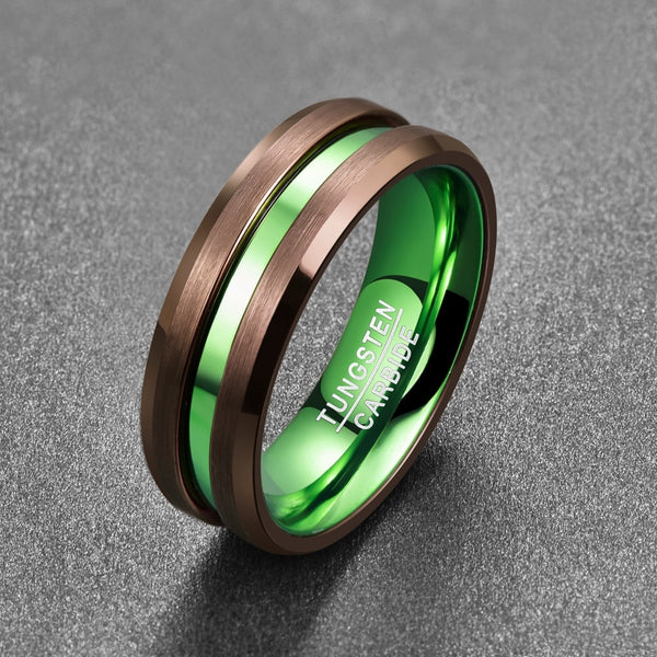 Men's 8mm Green Inner and Brown Bevel Tungsten Carbide Ring