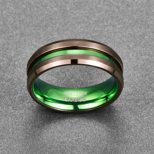 Men's 8mm Green Inner and Brown Bevel Tungsten Carbide Ring