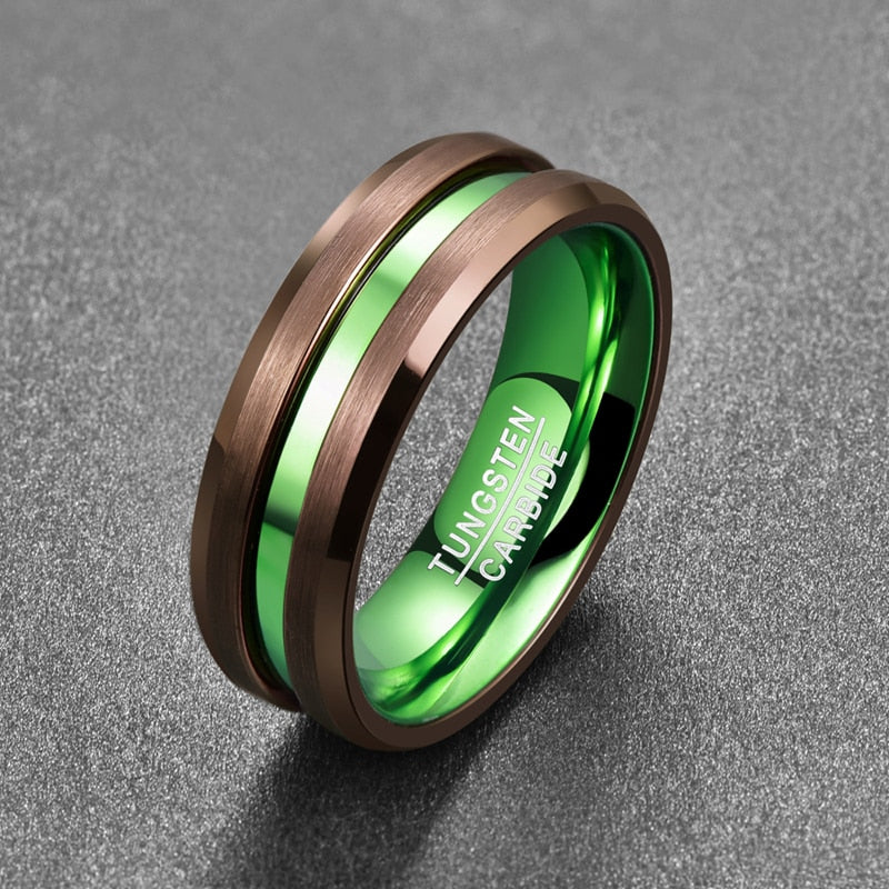 Men's 8mm Green Inner and Brown Bevel Tungsten Carbide Ring