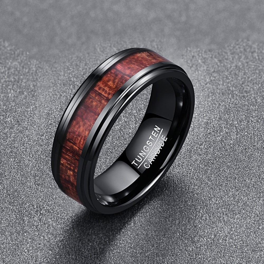 Men's 8mm Inlaid Artichoke Wood Black Step Bevel Tungsten Carbide Ring
