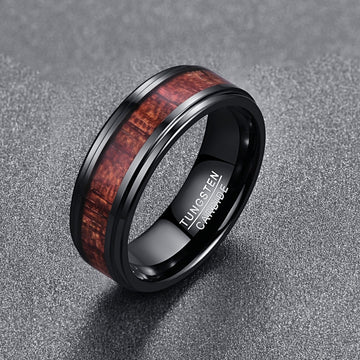 Men's 8mm Inlaid Artichoke Wood Black Step Bevel Tungsten Carbide Ring