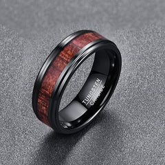 Men's 8mm Inlaid Artichoke Wood Black Step Bevel Tungsten Carbide Ring