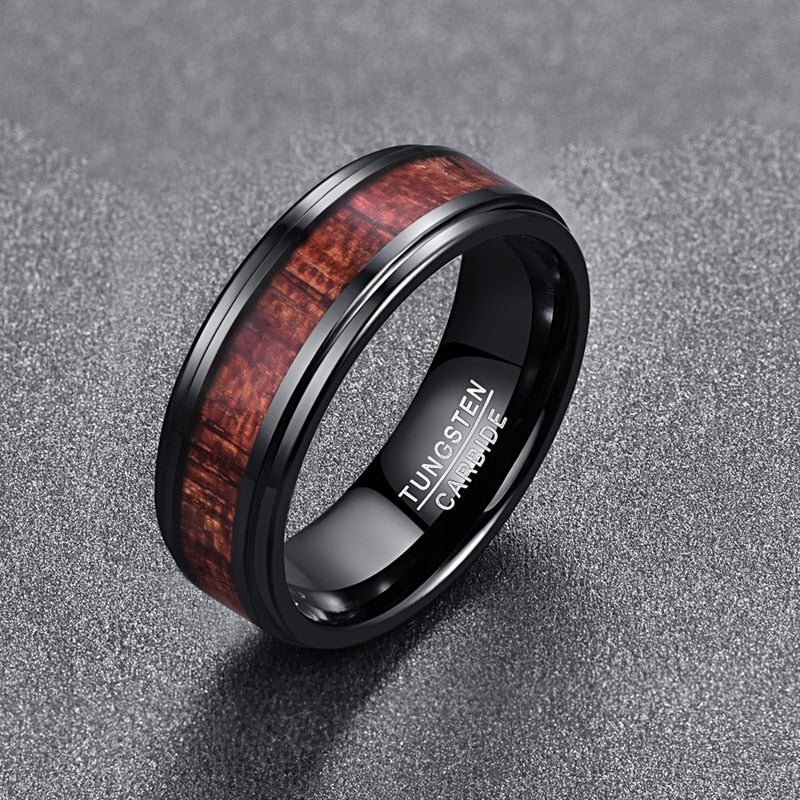 Men's 8mm Inlaid Artichoke Wood Black Step Bevel Tungsten Carbide Ring