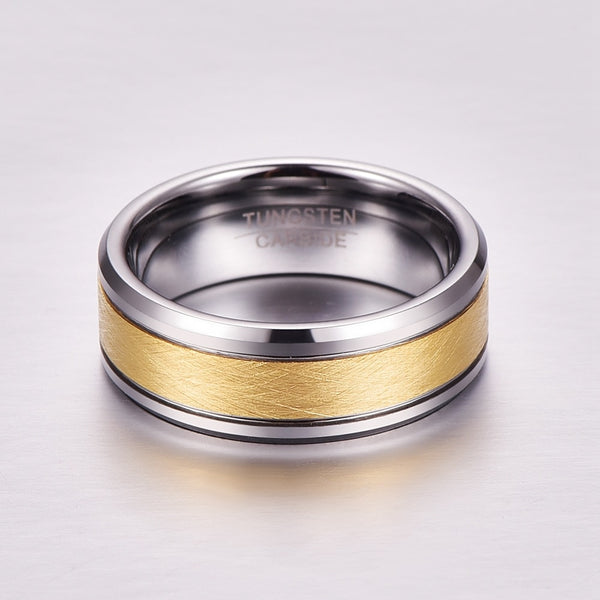 Men's 8mm Gold Inlay Silver Tungsten Carbide Ring