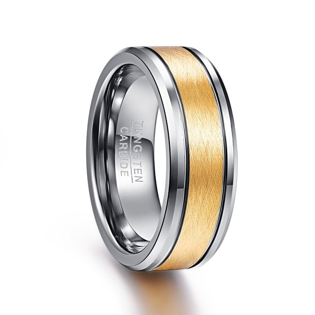 Men's 8mm Gold Inlay Silver Tungsten Carbide Ring