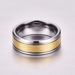 Men's 8mm Gold Inlay Silver Tungsten Carbide Ring