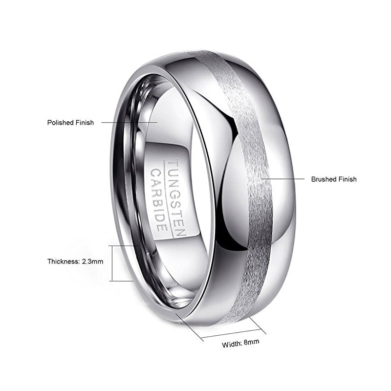 Men's 8mm Brushed Silver Inlay Polished Silver Tungsten Carbide Ring