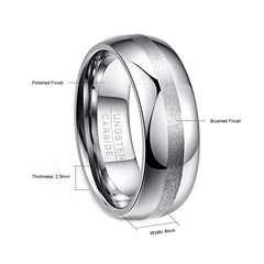 Men's 8mm Brushed Silver Inlay Polished Silver Tungsten Carbide Ring